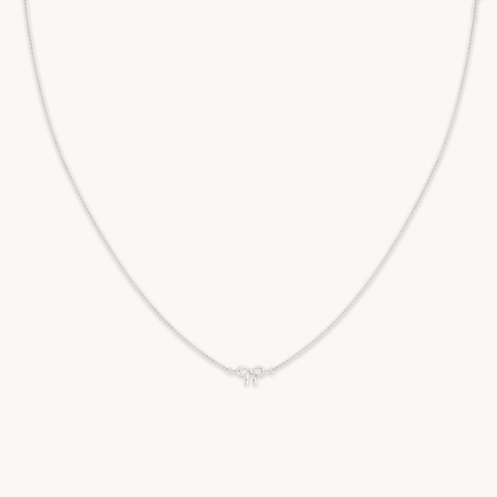Bow Charm Necklace in Solid White Gold