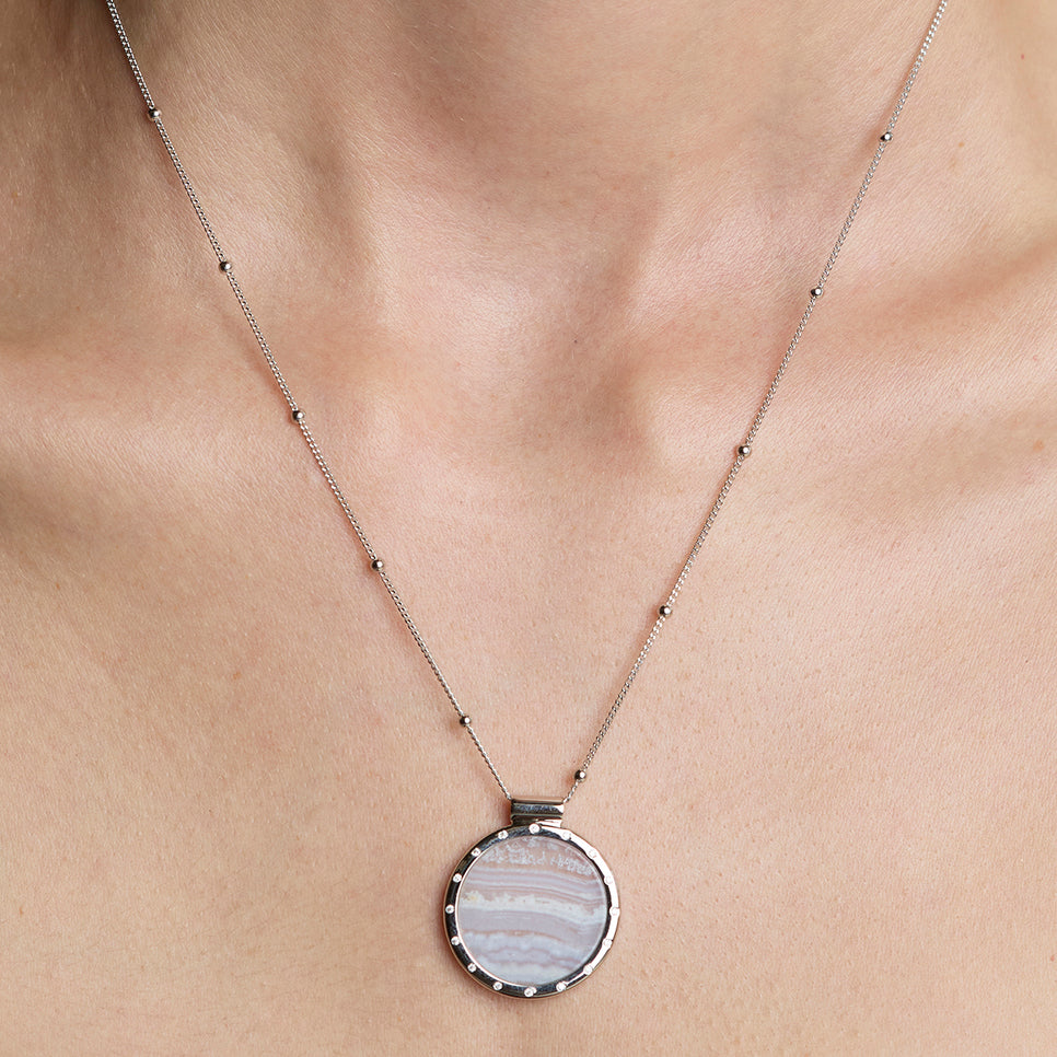 Blue Lace Agate Pendant Necklace in Silver