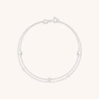Heart Charm Double Chain Bracelet in Solid White Gold