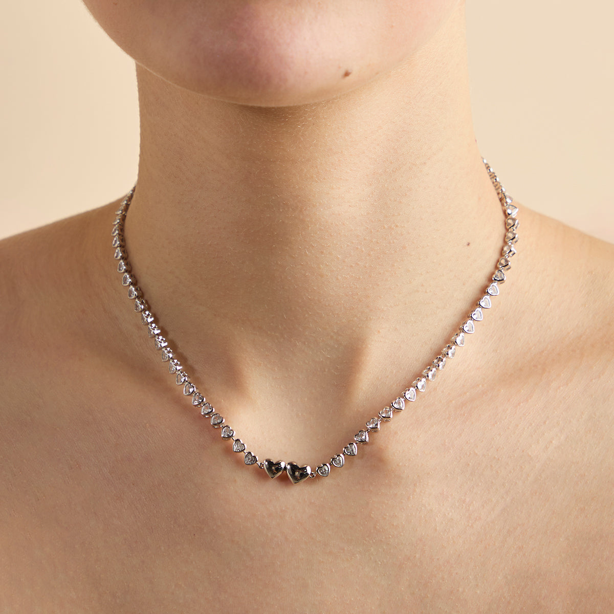 Heart Bezel Tennis Necklace in Silver