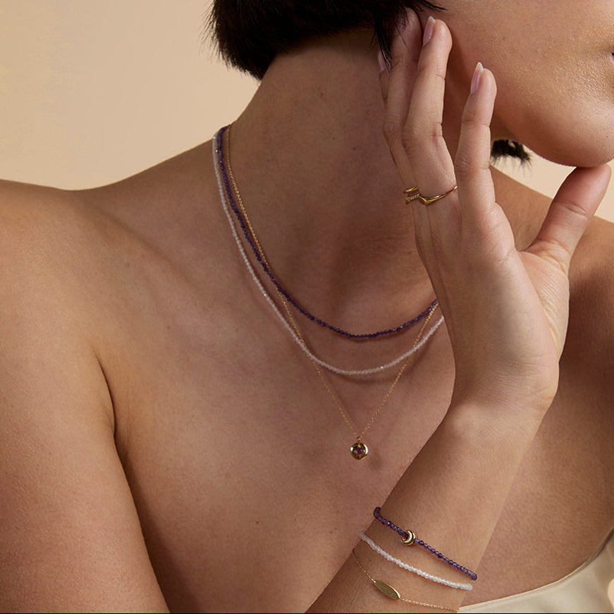 Amethyst February Beaded Bracelet in Solid Gold
