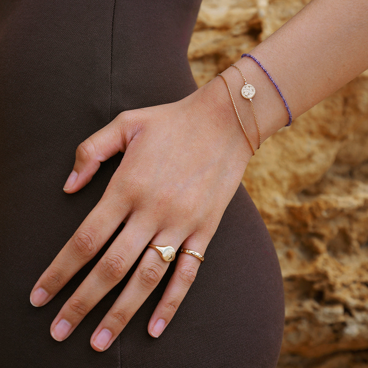 Amethyst February Beaded Bracelet in Solid Gold