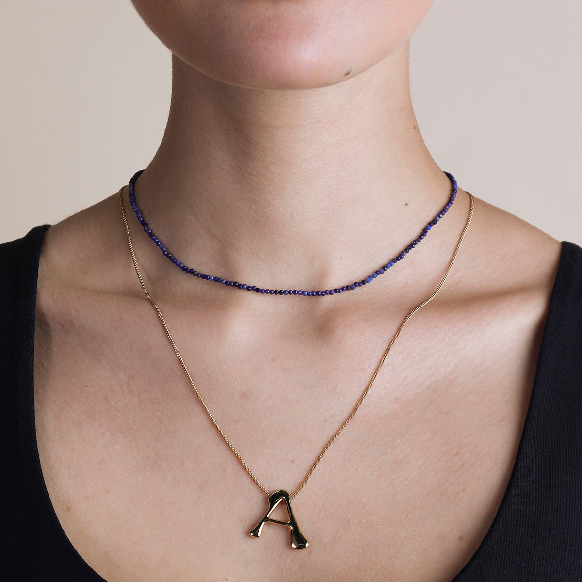 Lazurite September Beaded Necklace in Solid Gold