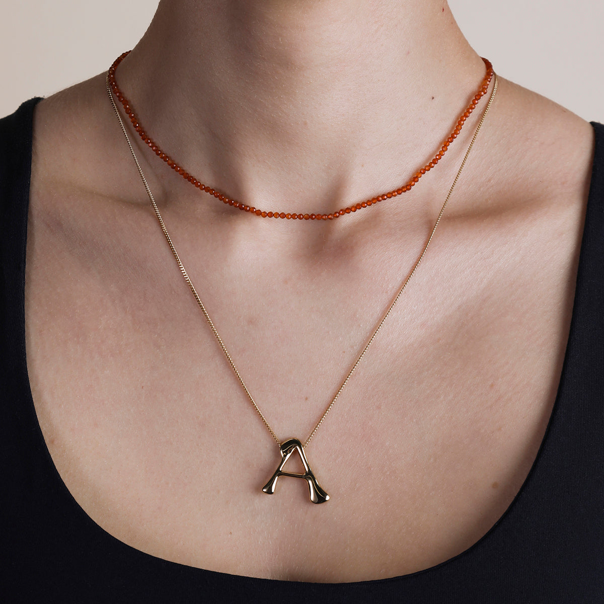 Carnelian July Beaded Necklace in Solid Gold