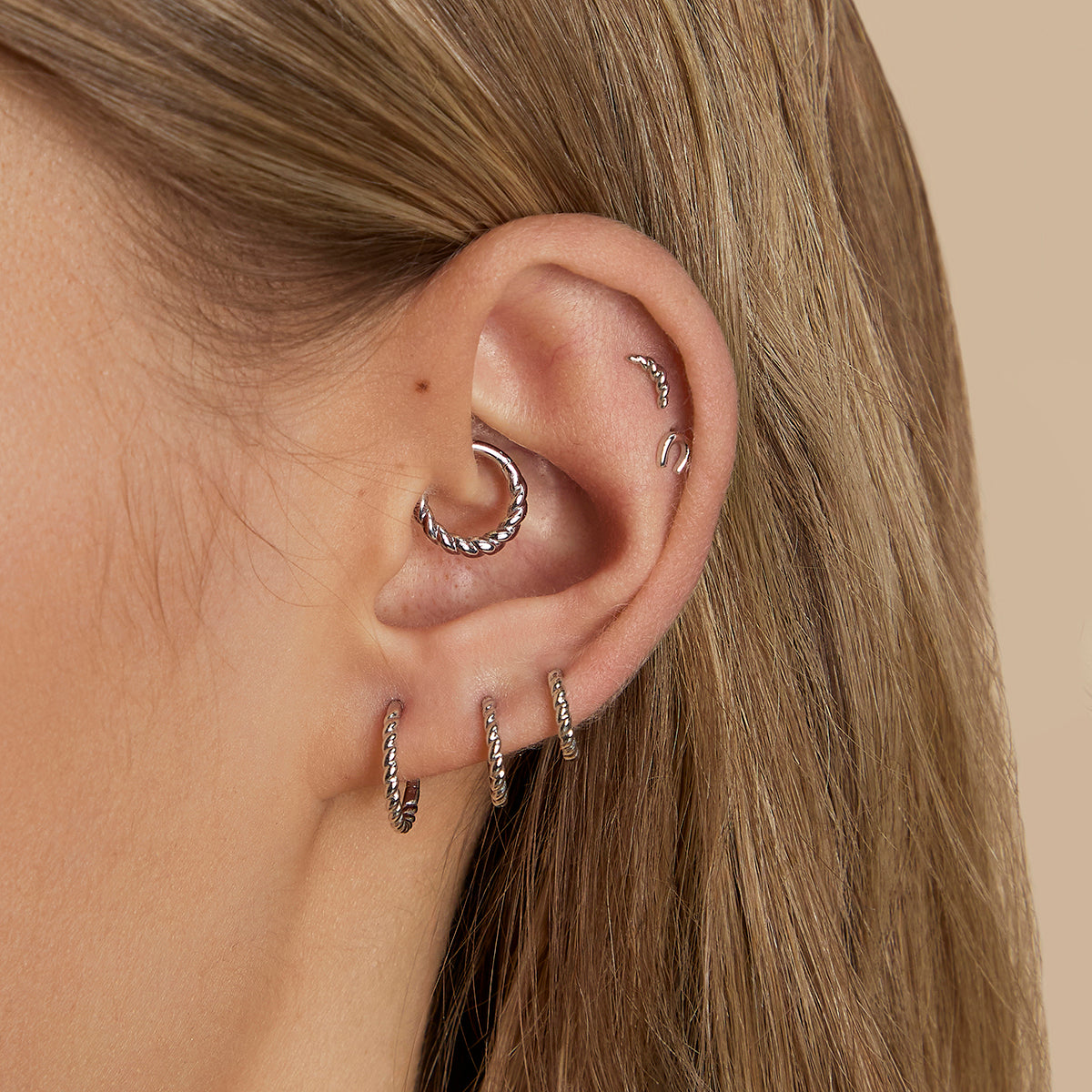 Twisted Rope Curved Piercing Stud in Solid White Gold-Astrid & Miyu