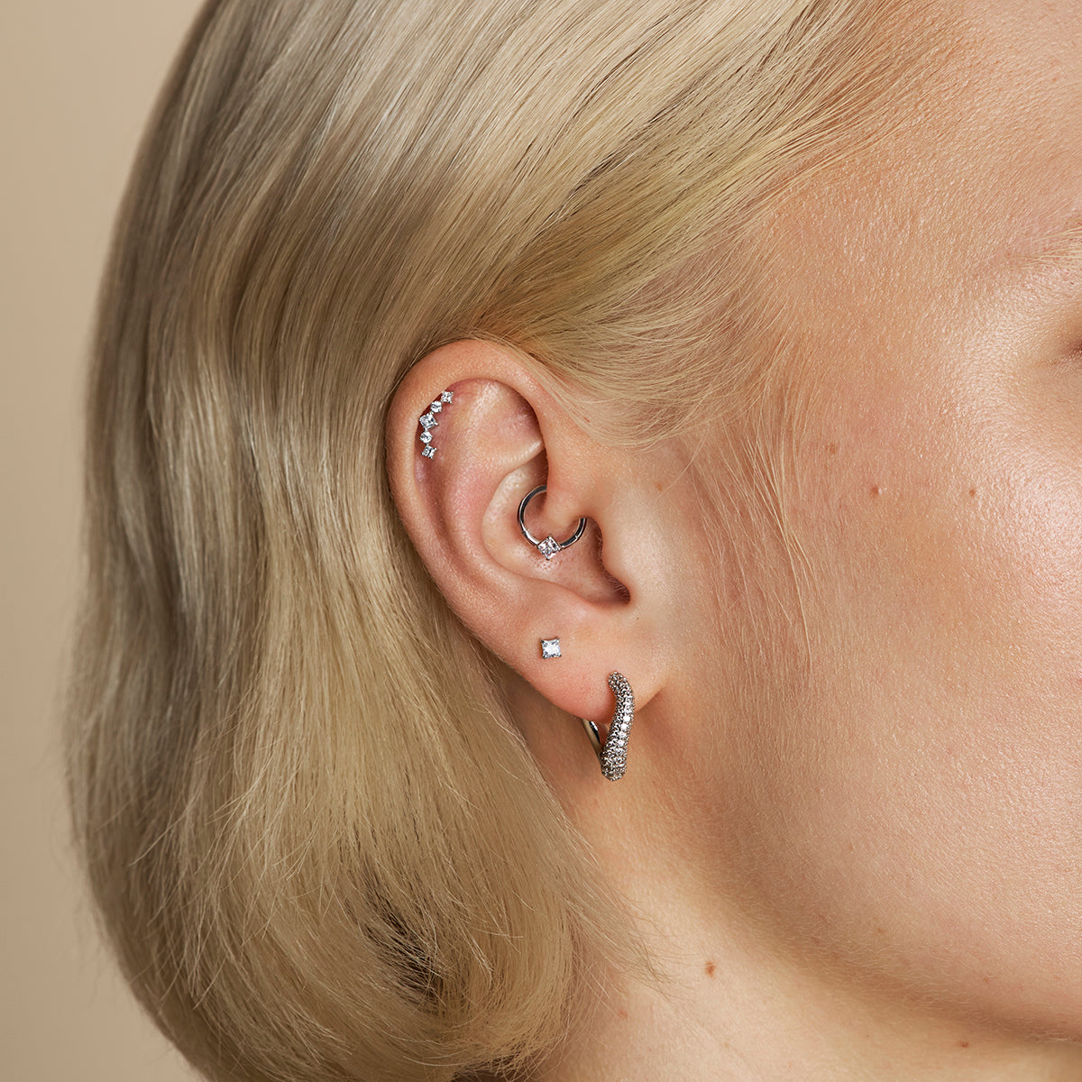 Curved Square Crystal Titanium Piercing Stud in Platinum-Astrid & Miyu