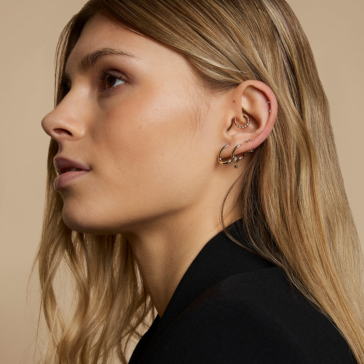 Diamond & Quartz Charm Molten Huggies in Solid Gold