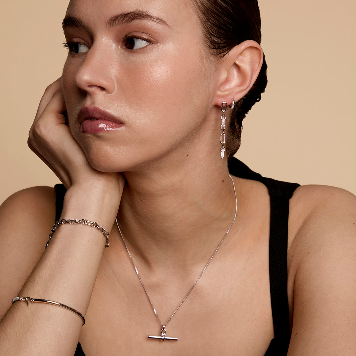 Pavé Chain Link Drop Studs in Silver