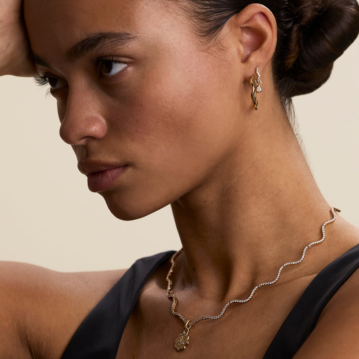 Scalloped Crystal Charm Huggies in Gold-Astrid & Miyu