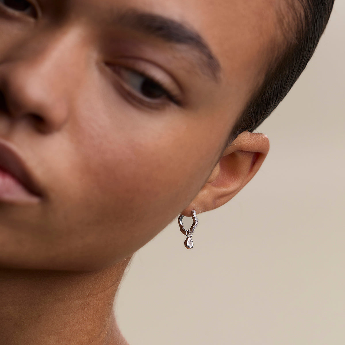 Scalloped Crystal Charm Huggies in Silver-Astrid & Miyu