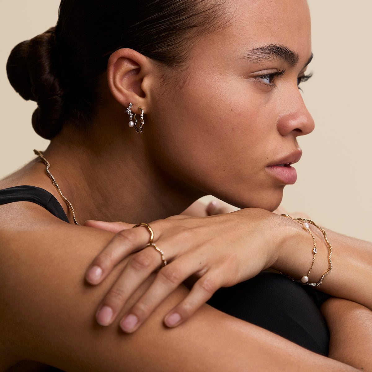Scalloped Crystal Charm Studs in Gold