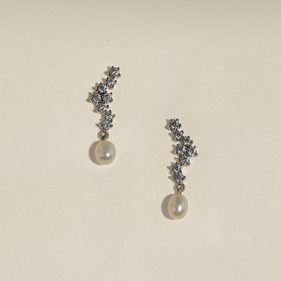 Scalloped Crystal Charm Studs in Silver