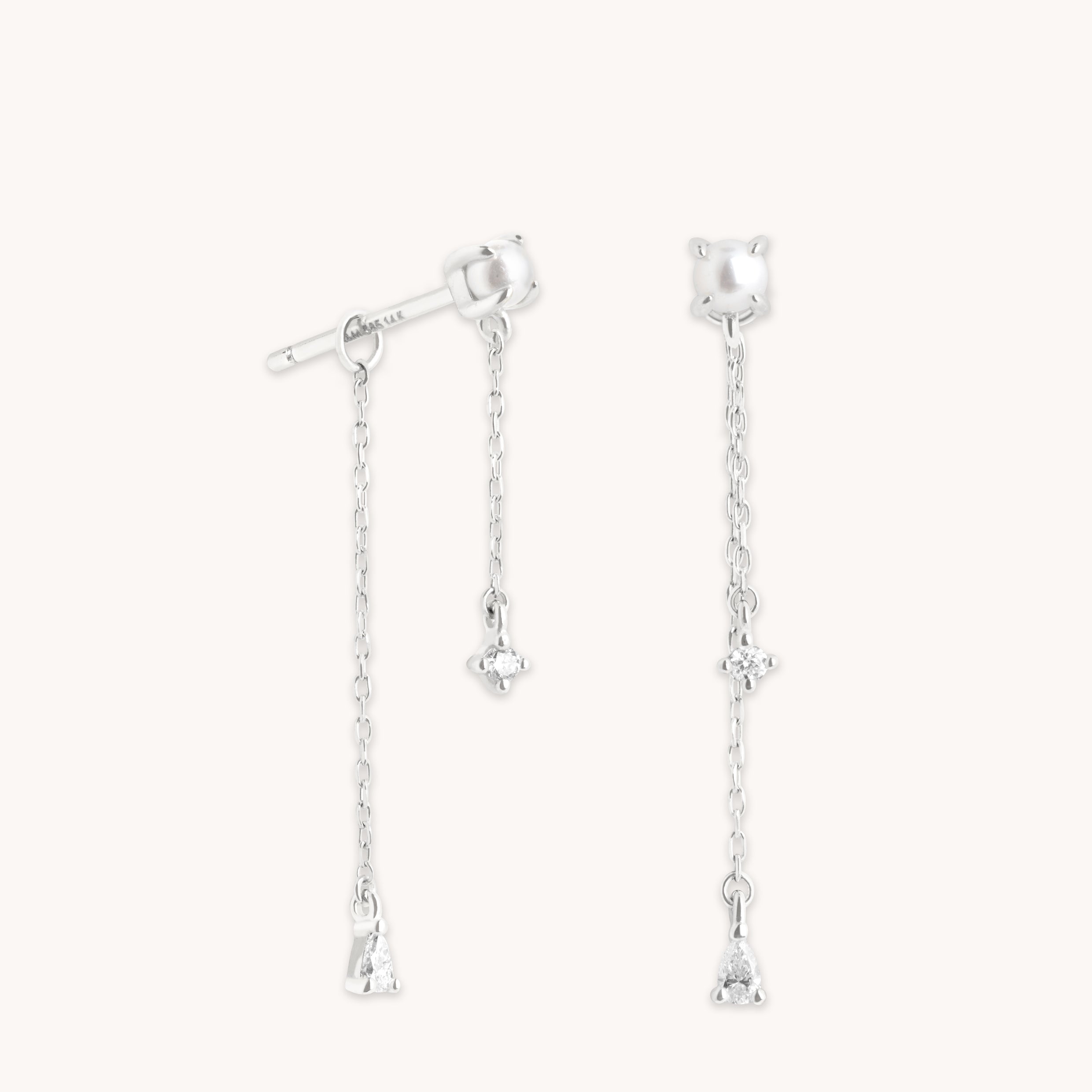 Diamond & Pearl Chain Studs in Solid White Gold