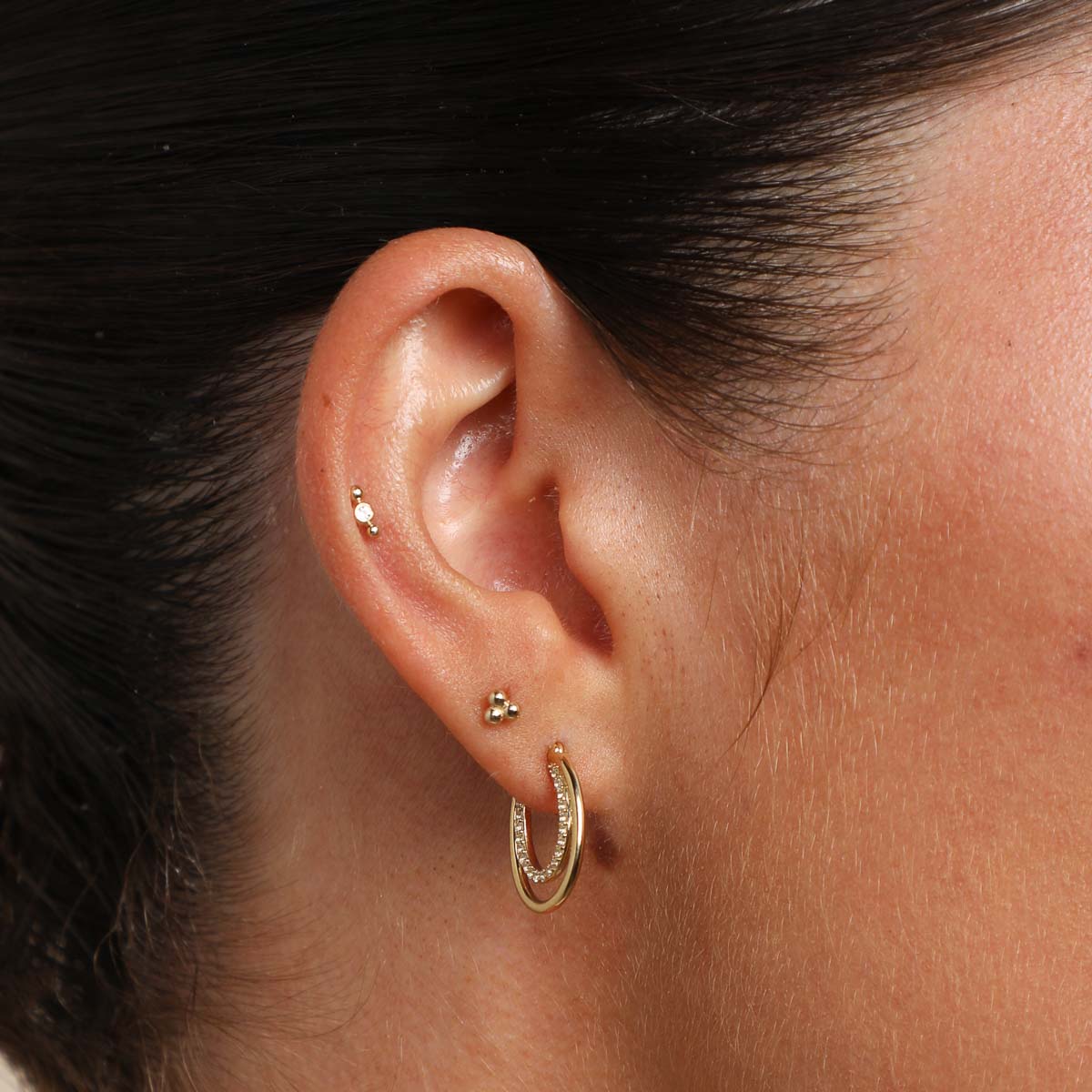 Triple Beaded Piercing Stud in Solid Gold