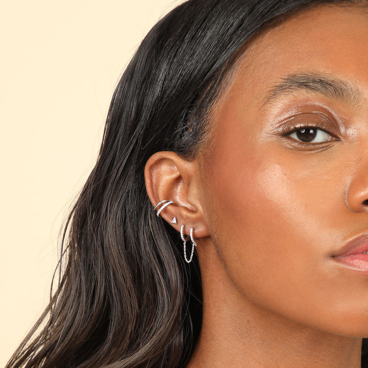 Chain Link Huggies in Silver worn