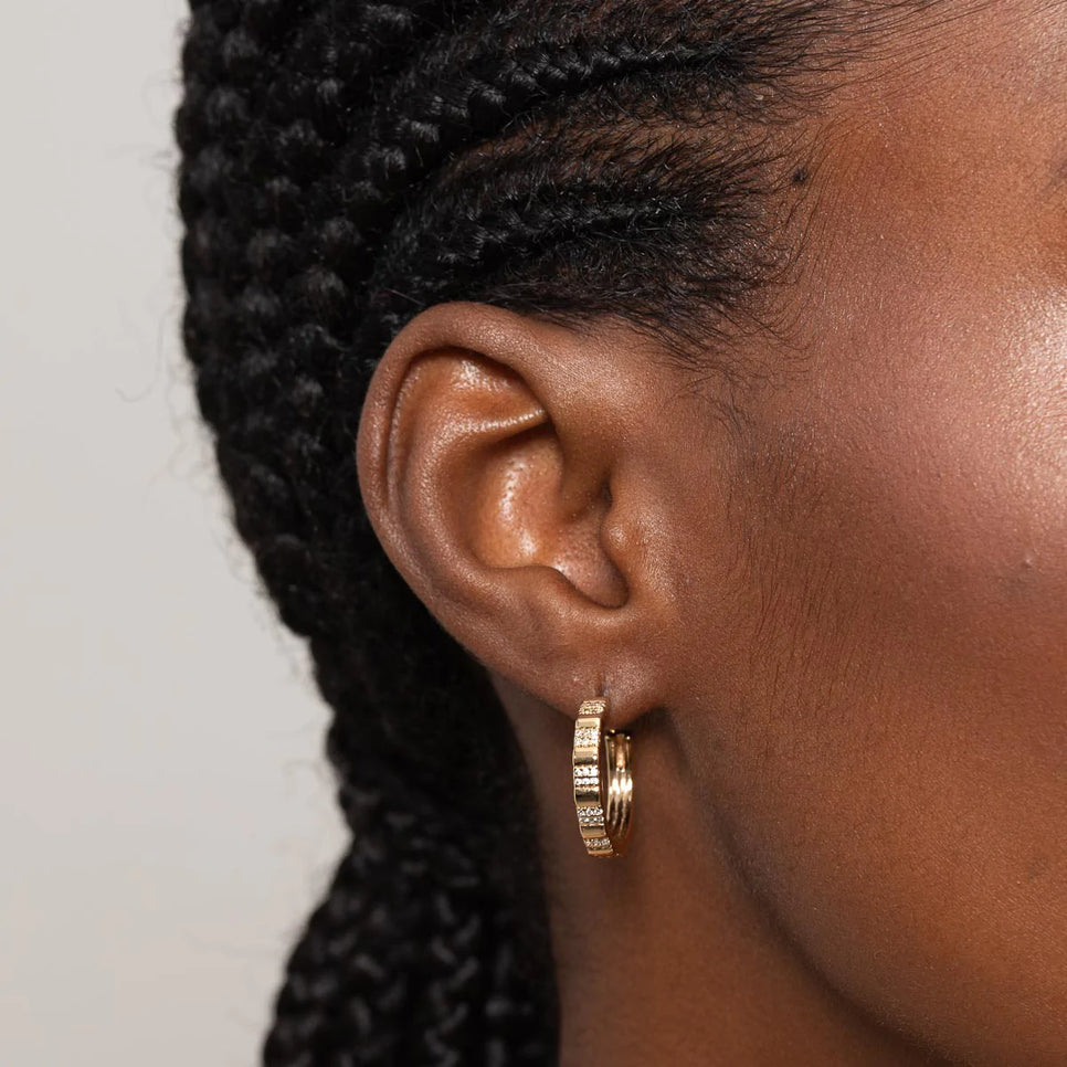 Pleated Crystal Hoops in Gold worn
