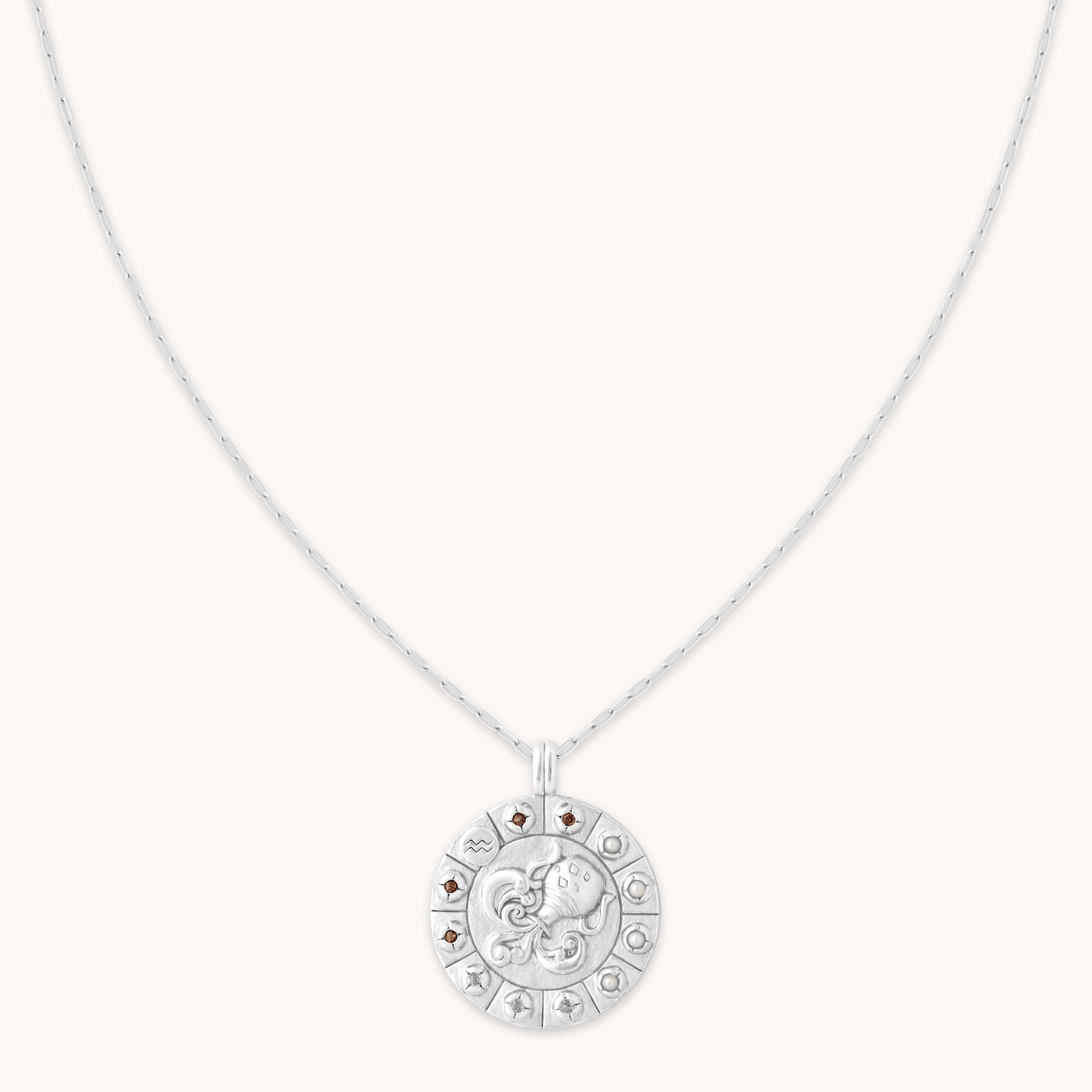 Aquarius Bold Zodiac Pendant Necklace in Silver