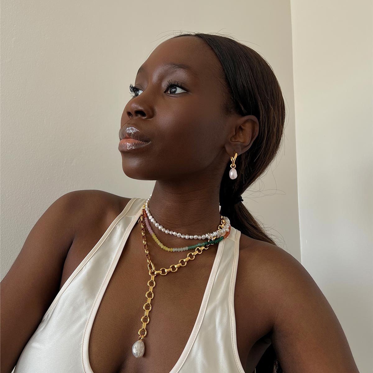Serenity Pearl Link Chain Necklace in Gold worn by Danielle Jinadu
