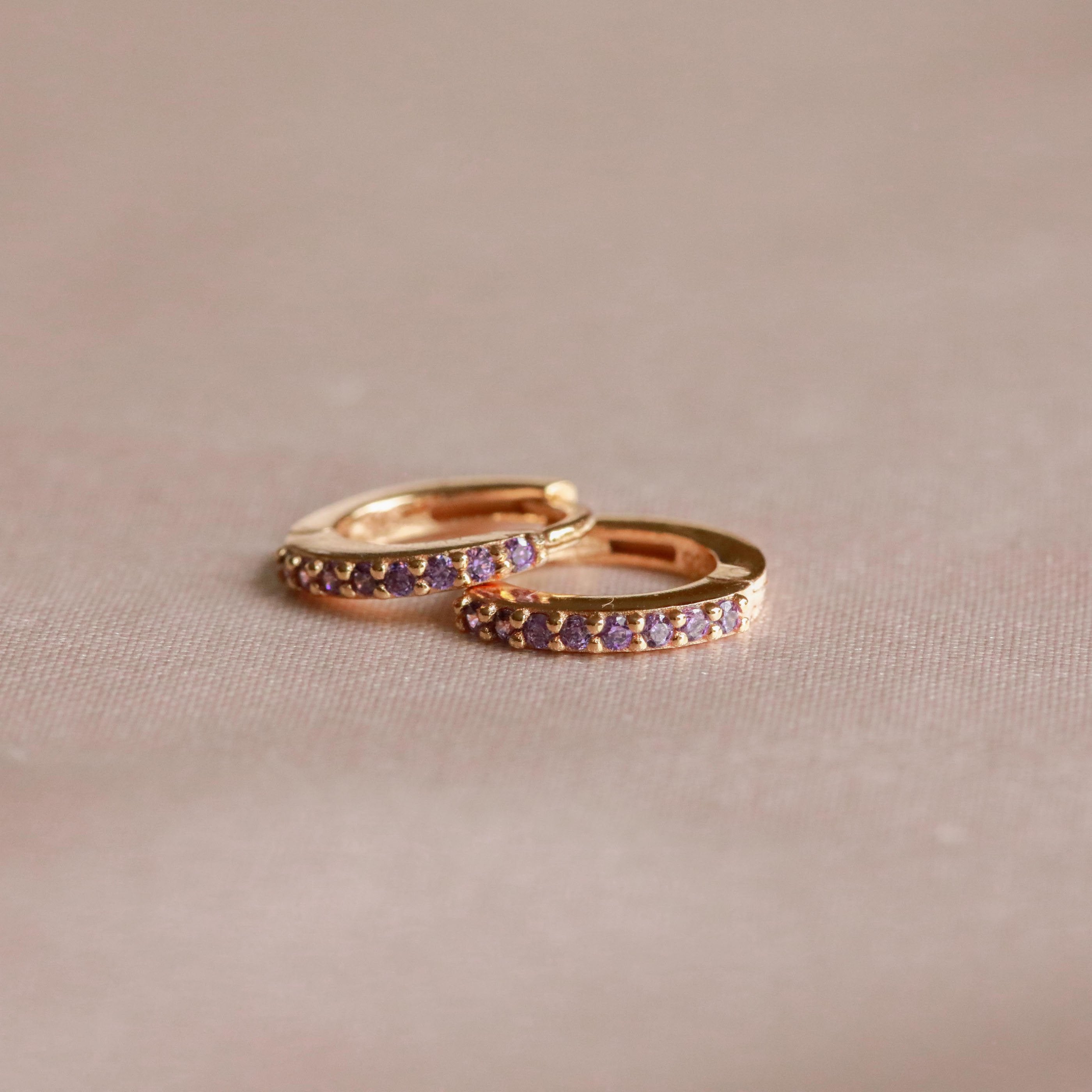 February Birthstone Huggies in Gold with Amethyst CZ