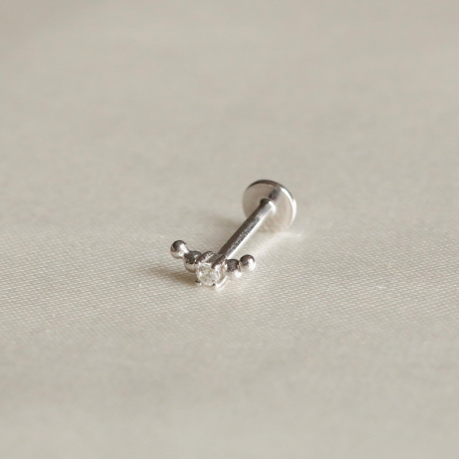 Beaded Curved Piercing Stud in Solid White Gold