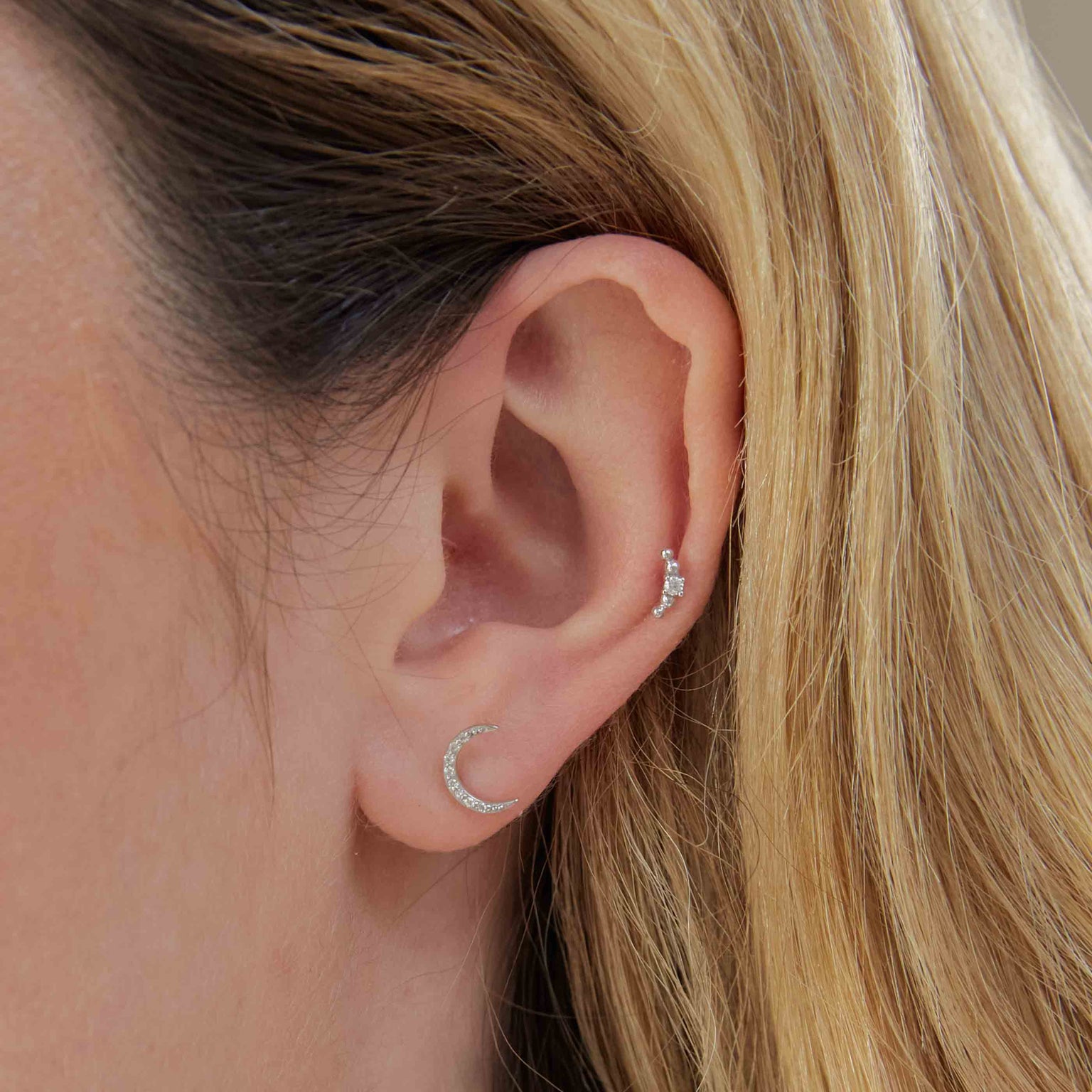 Solid White Gold Topaz Moon Piercing Stud