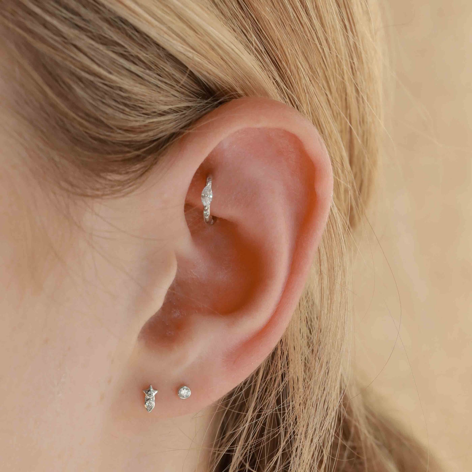 Solid White Gold Crystal Star Piercing Stud