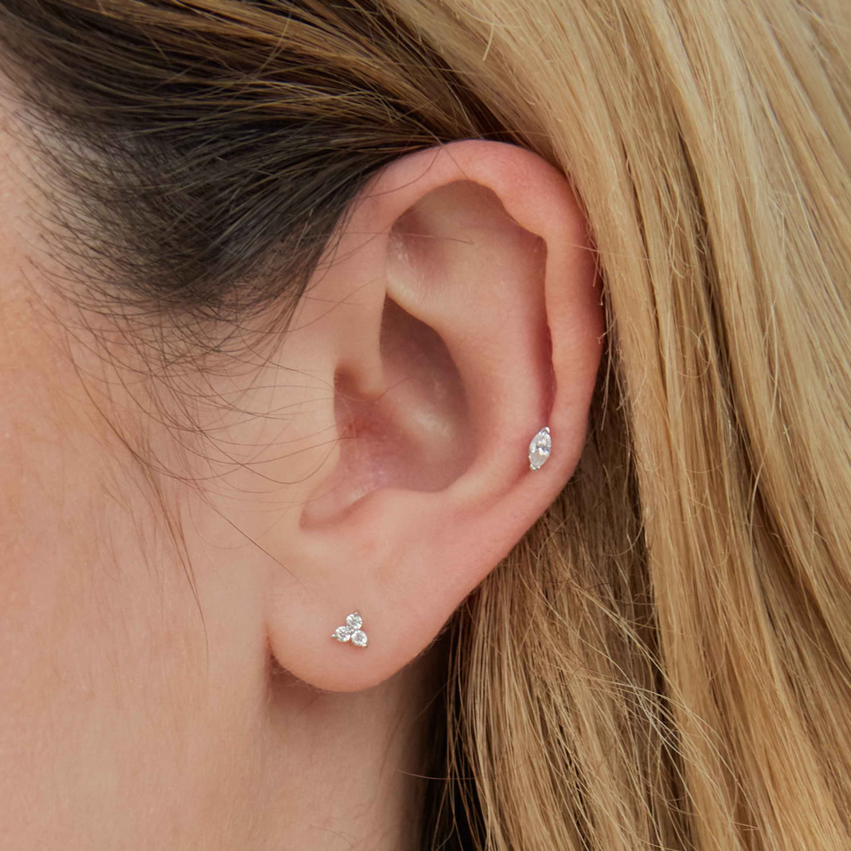 Solid White Gold Triple Crystal Piercing Stud