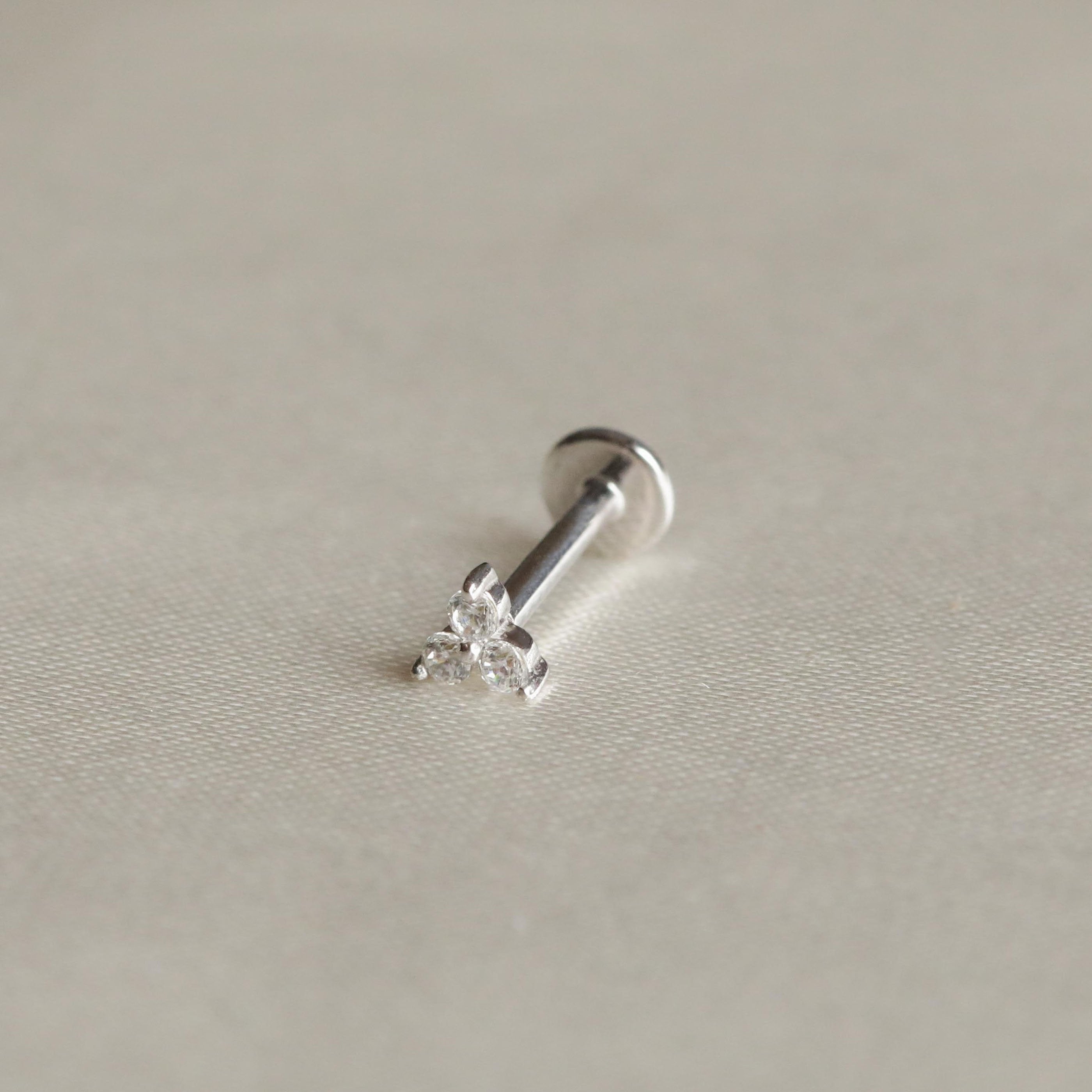 Solid White Gold Triple Crystal Piercing Stud