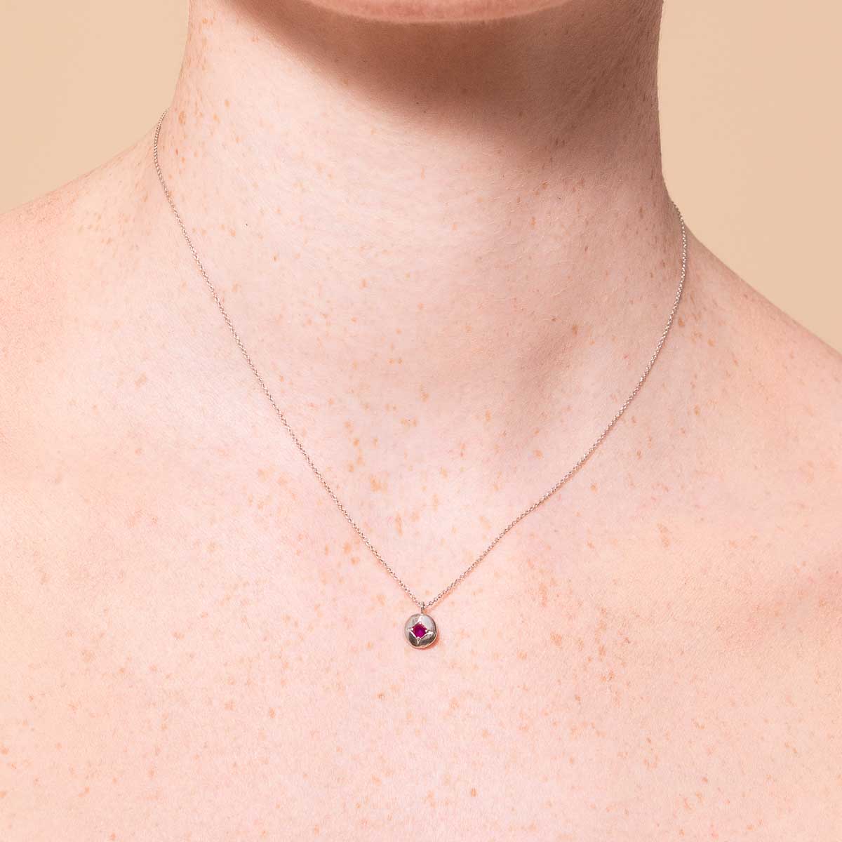July Ruby Birthstone Necklace in Solid White Gold