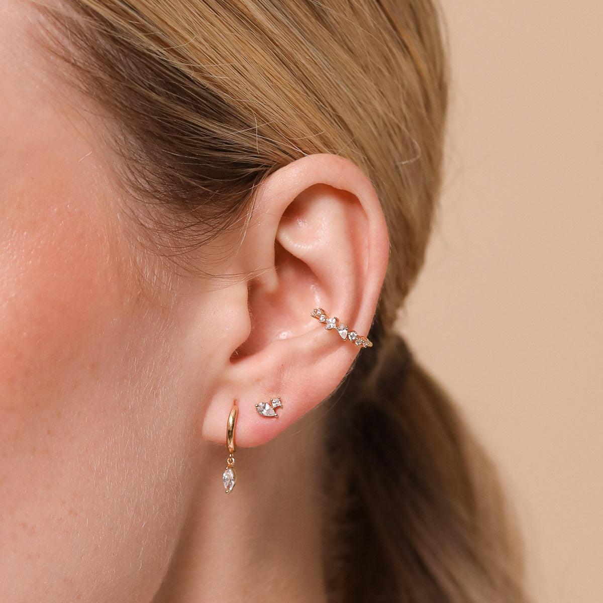 Double Gem Piercing Stud 6mm in Solid Gold Worn
