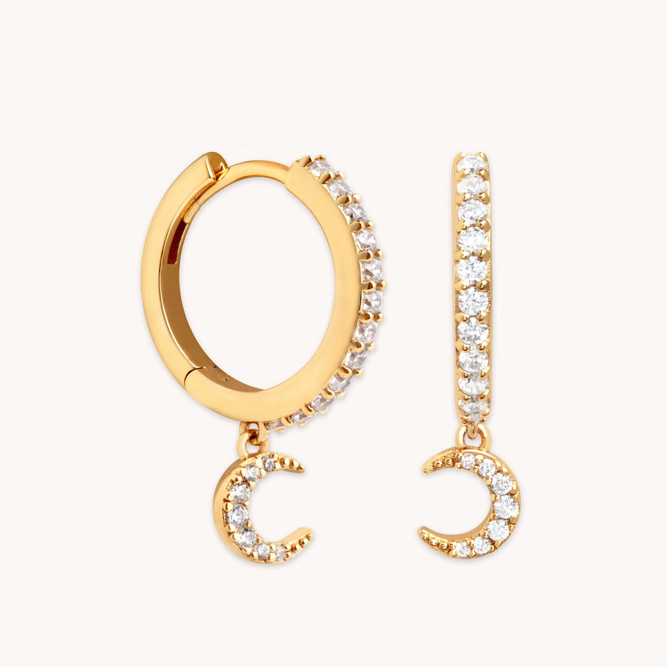 Moon Charm Crystal Hoops in Gold