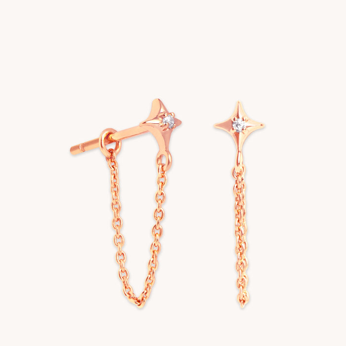 Cosmic Star Chain Stud Earrings in Rose Gold