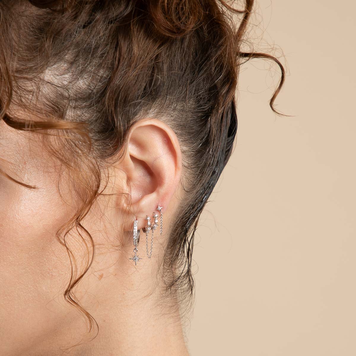 Cosmic Star Chain Stud Earrings in Silver