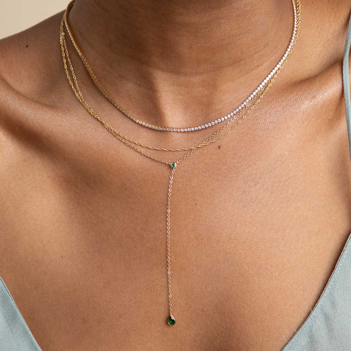 Green Topaz Lariat Necklace in Gold