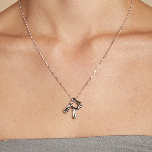 R Initial Bold Pendant Necklace in Silver