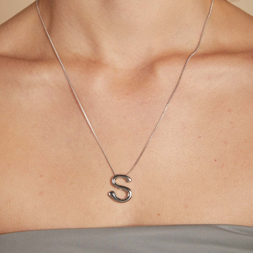 S Initial Bold Pendant Necklace in Silver