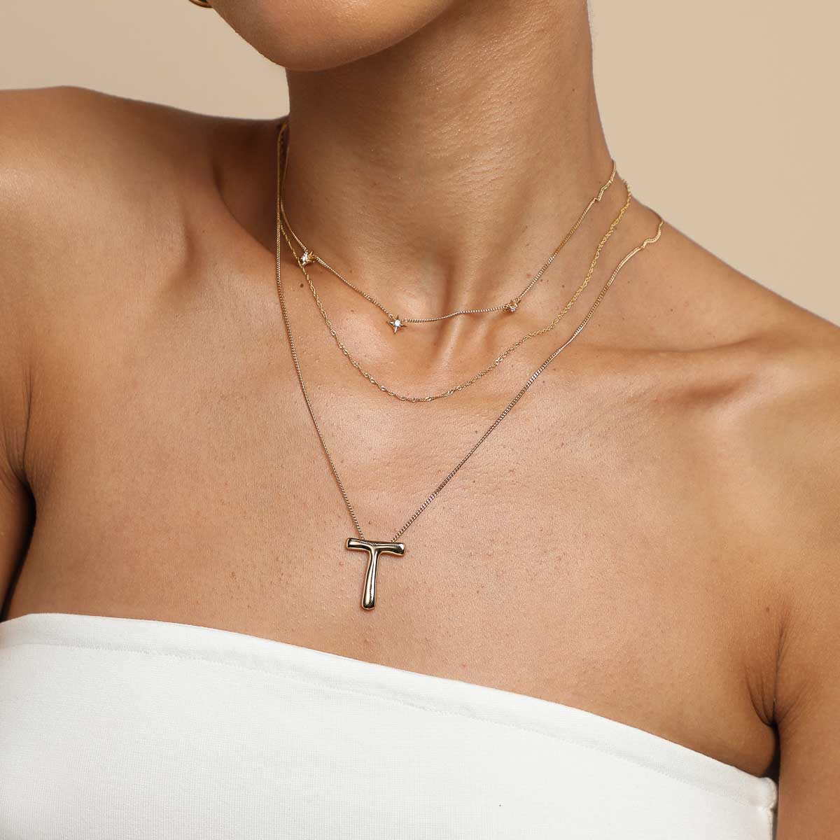18k Gold Plated Jewellery - T Initial Bold Pendant Necklace in Gold - Pendant Necklace - Astrid &amp; Miyu