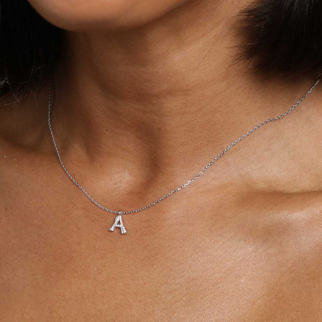 Gemstone Necklaces - A Initial Pavé Pendant Necklace in Silver - Pendant Necklace - Astrid & Miyu
