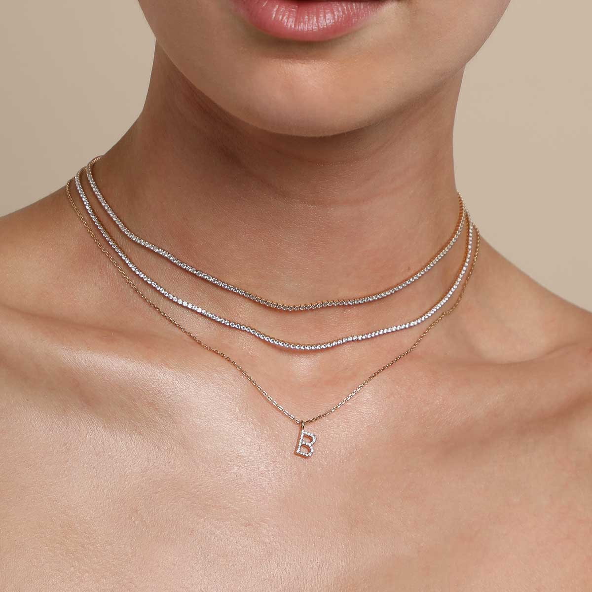 18k Gold Plated Jewellery - B Initial Pavé Pendant Necklace in Gold - Pendant Necklace - Astrid &amp; Miyu