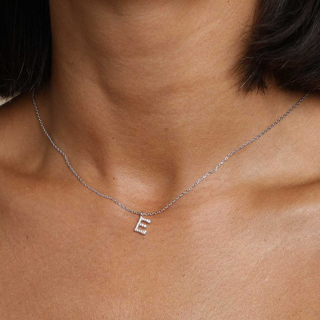 E Initial Pavé Pendant Necklace in Silver