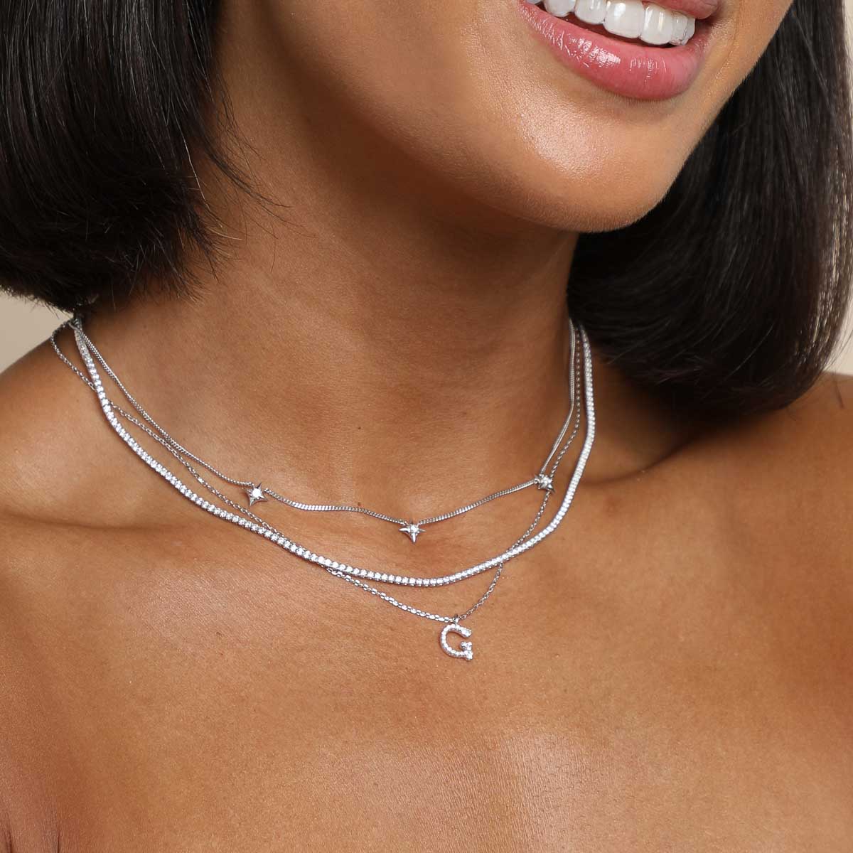 Gemstone Necklaces - G Initial Pavé Pendant Necklace in Silver - Pendant Necklace - Astrid &amp; Miyu