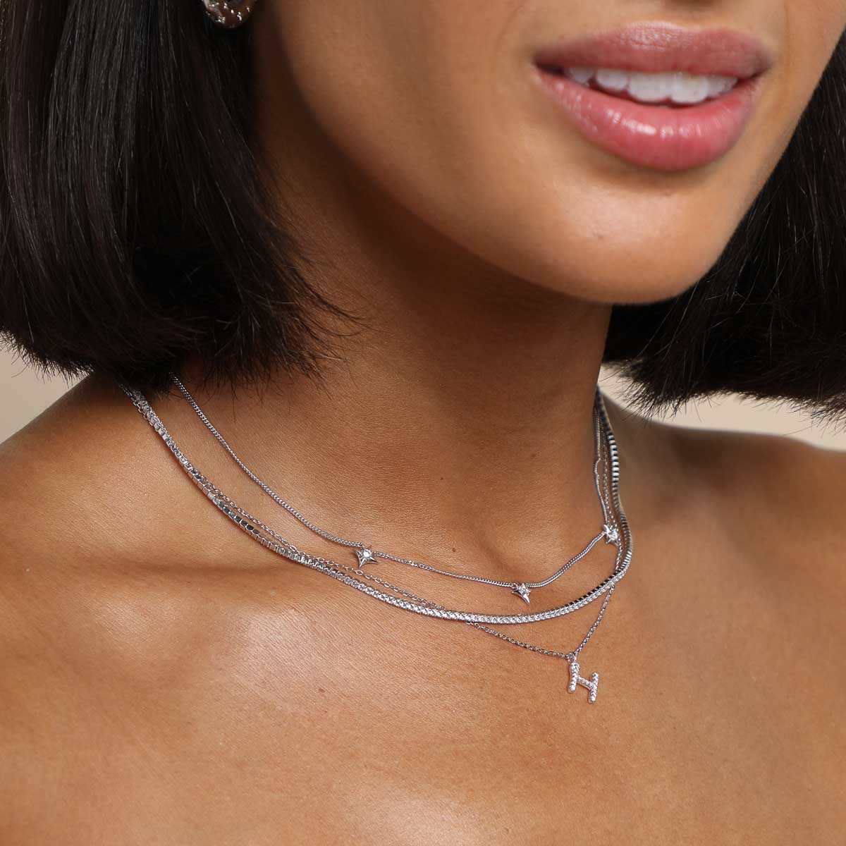 Gemstone Necklaces - H Initial Pavé Pendant Necklace in Silver - Pendant Necklace - Astrid &amp; Miyu