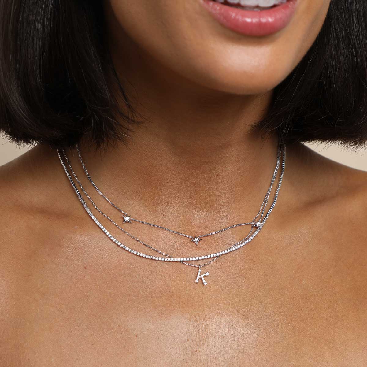 Gemstone Necklaces - K Initial Pavé Pendant Necklace in Silver - Pendant Necklace - Astrid &amp; Miyu