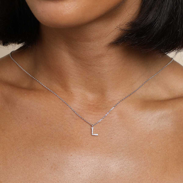 L Initial Pavé Pendant Necklace in Silver