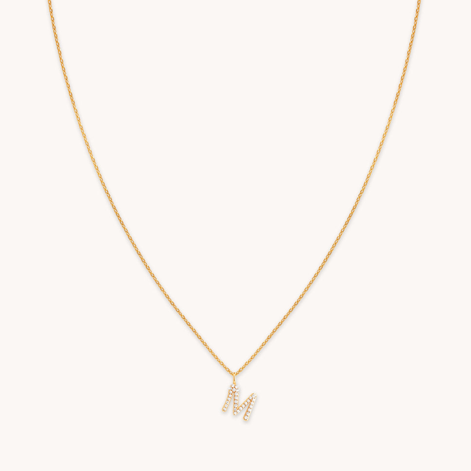 M Initial Pavé Pendant Necklace in Gold