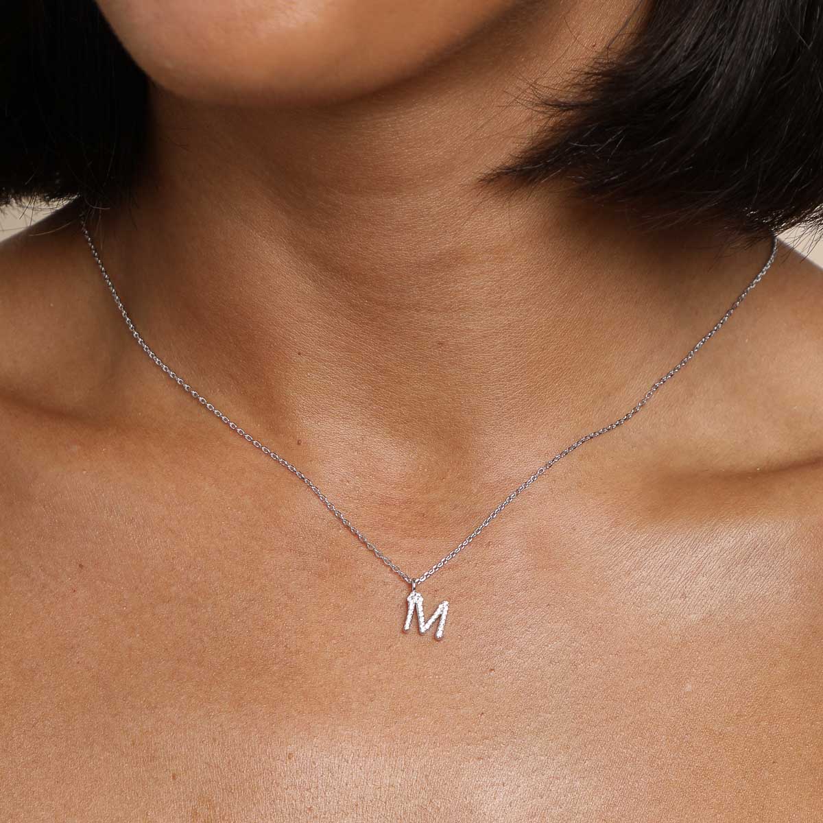 M Initial Pavé Pendant Necklace in Silver