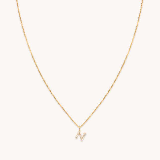 N Initial Pavé Pendant Necklace in Gold