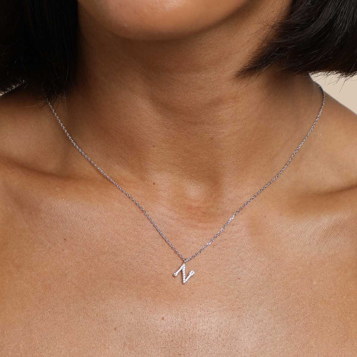 N Initial Pavé Pendant Necklace in Silver