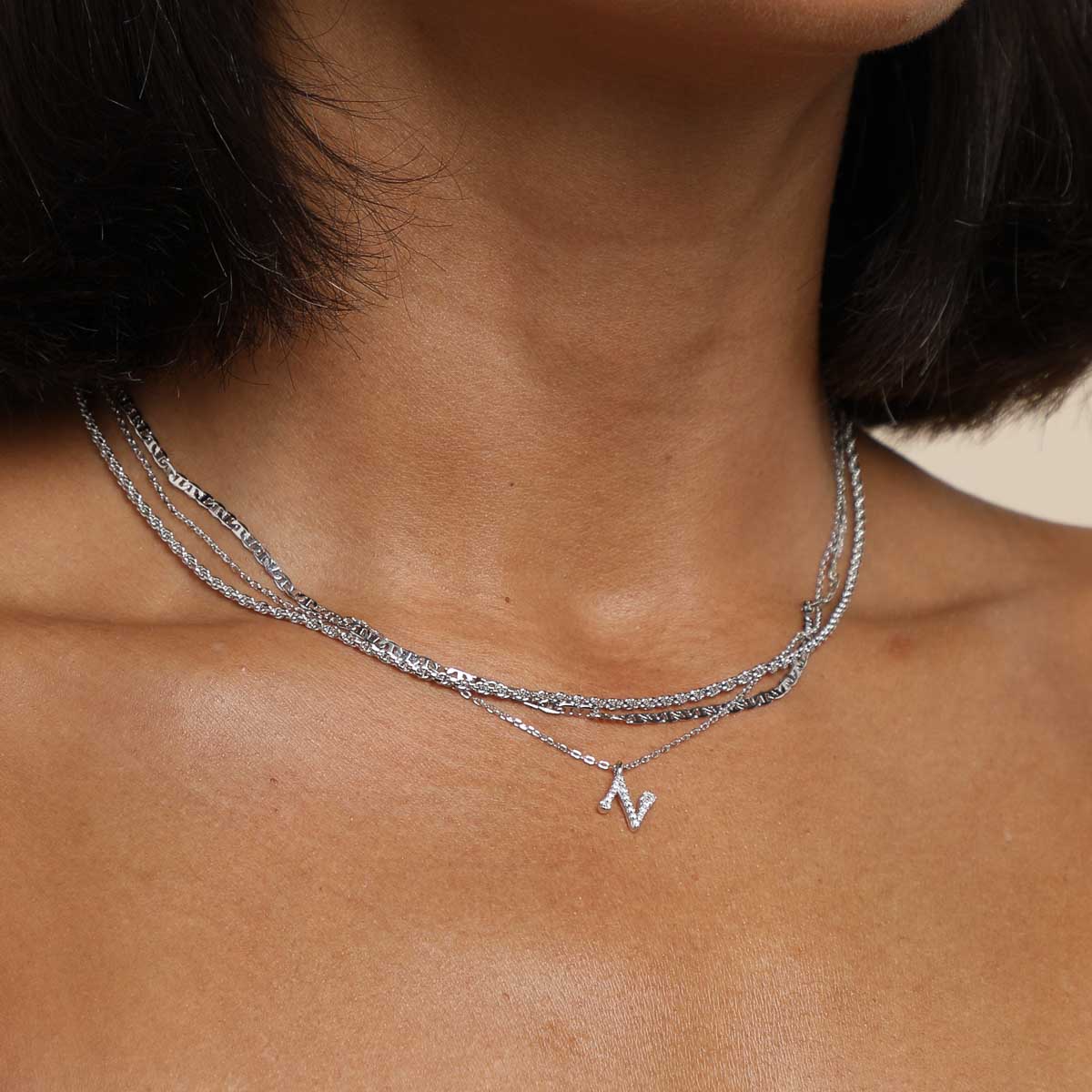 N Initial Pavé Pendant Necklace in Silver