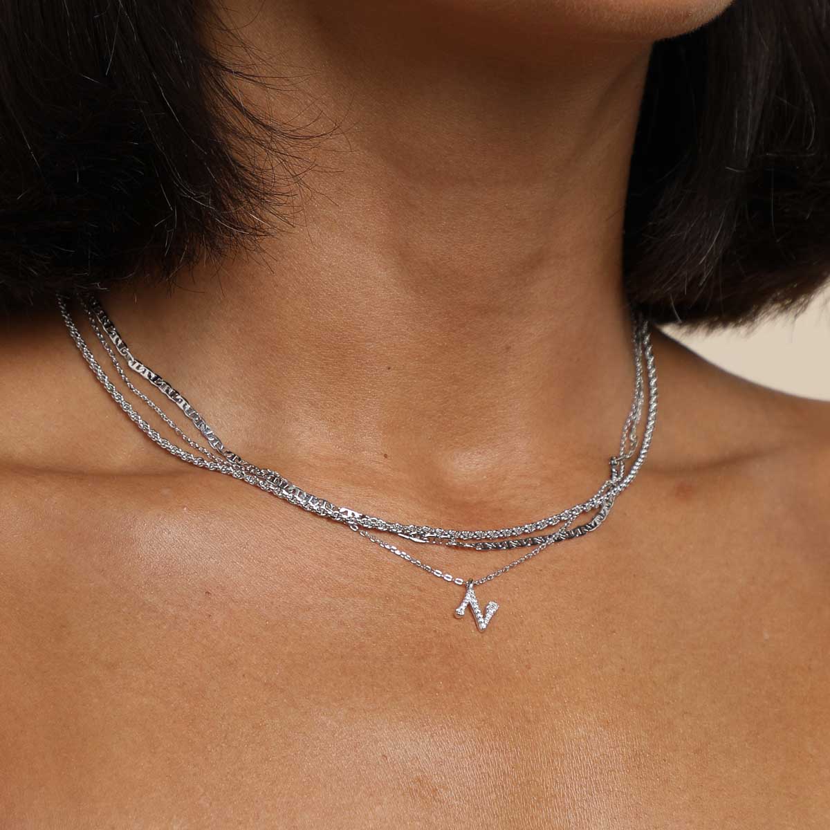 Gemstone Necklaces - N Initial Pavé Pendant Necklace in Silver - Pendant Necklace - Astrid &amp; Miyu